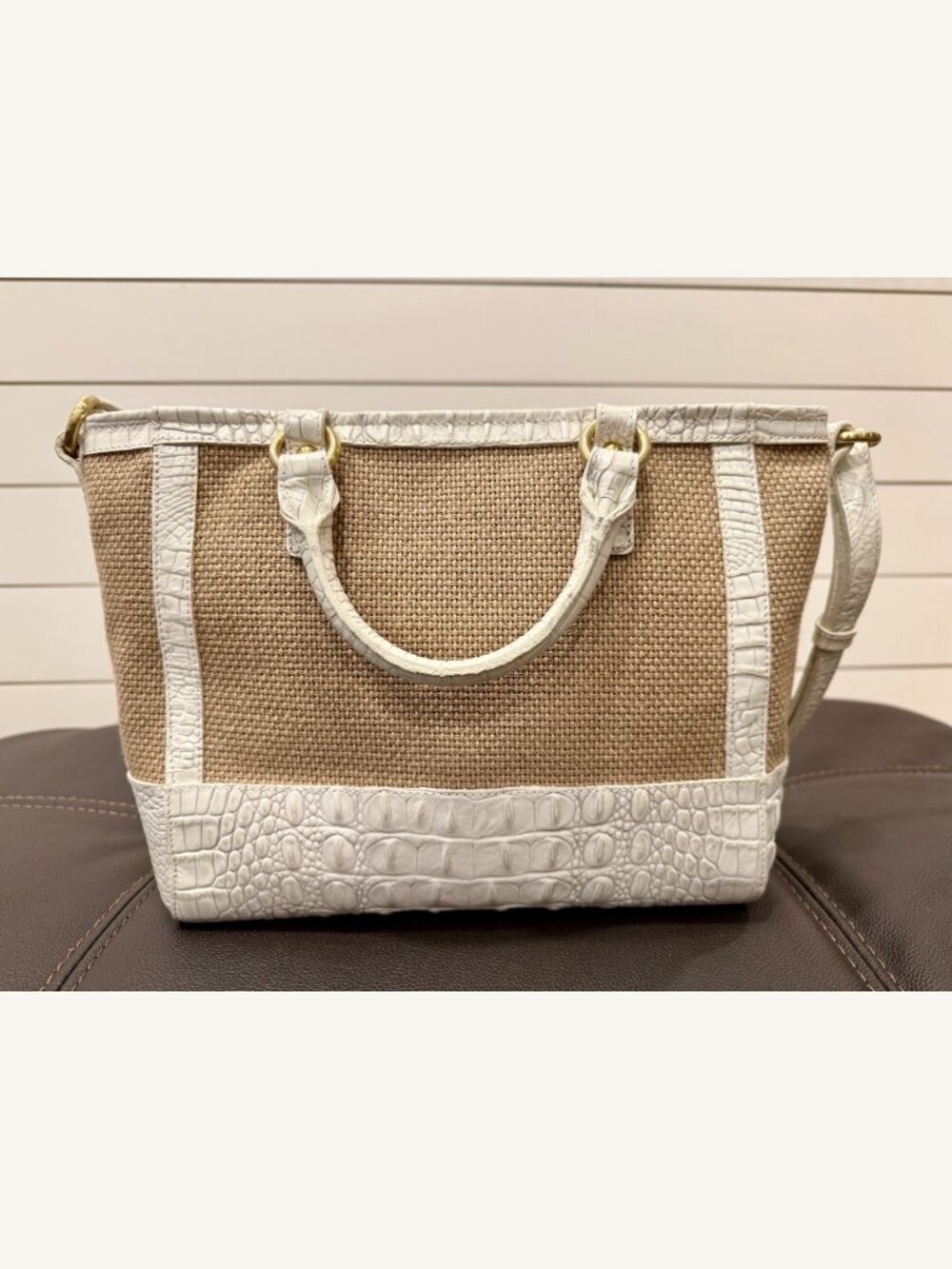 Brahmin White Croc Embossed Leather & Woven Straw Satchel Shoulder Bag - Picture 4 of 16